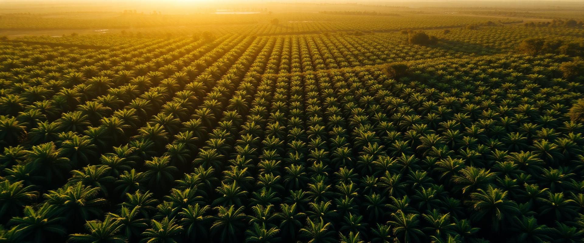 Aerial view of lush Nigerian cocoa plantations in warm morning light
